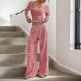 thumbnail image 5 of Dazajoo 2 Piece Lounge Sets for Women Striped Print Square Neck Cropped Tops with Wide Leg Pants Casual Lightweight Yoga Set,Pink,S, 5 of 9