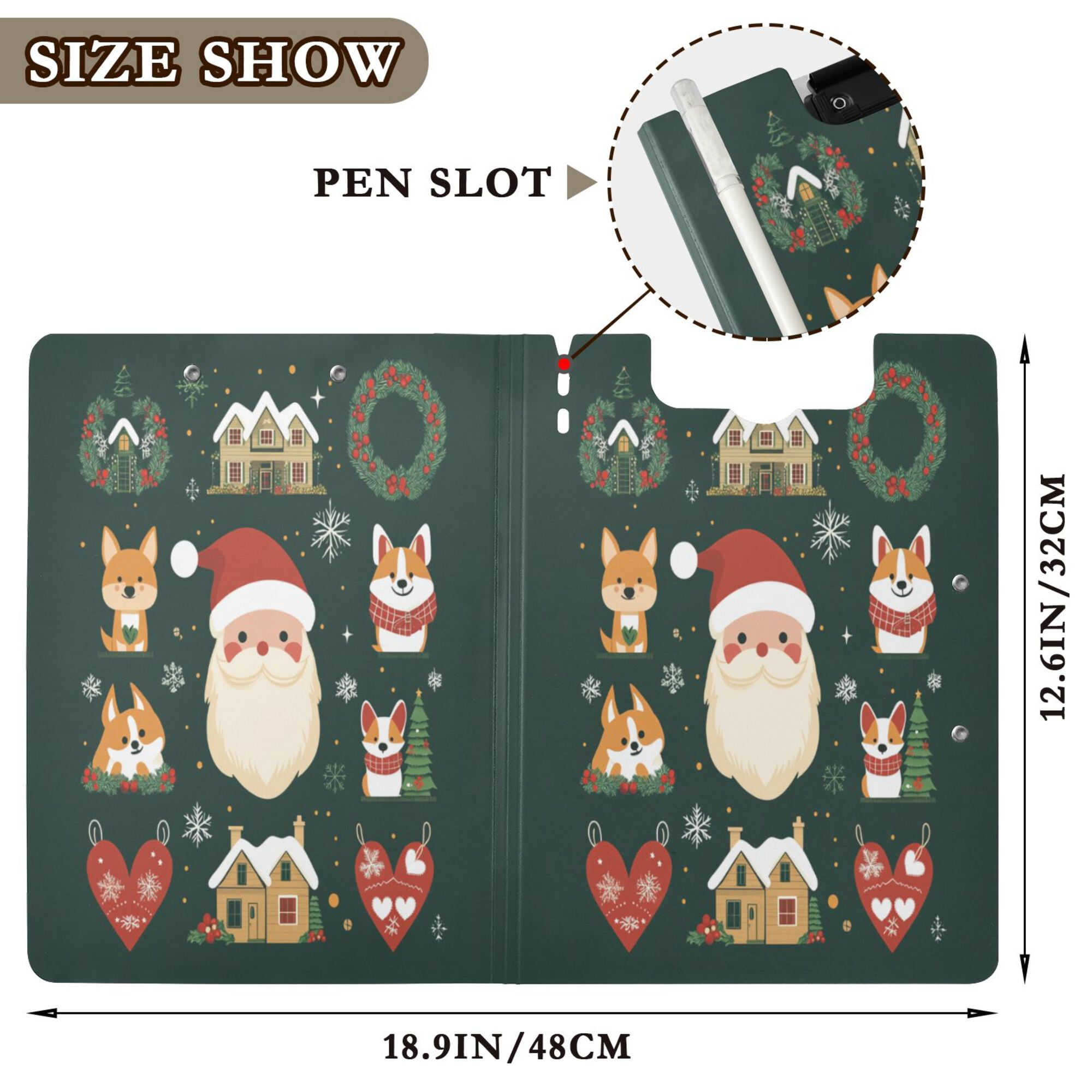FORMRS A4 Clipboard Folder with Pen Holder Horizontal Foldable School Office Binder, Green Christmas
