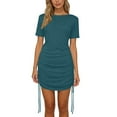 thumbnail image 4 of Maqroz Women's Dresses Casual Summer Side Drawstring Tunic Dress 2026 Trendy Casual Crew Neck Short Sleeve Spring Vacation T Shirt Dress Bodycon Wrap Ruched Mini Sundress Green L, 4 of 7