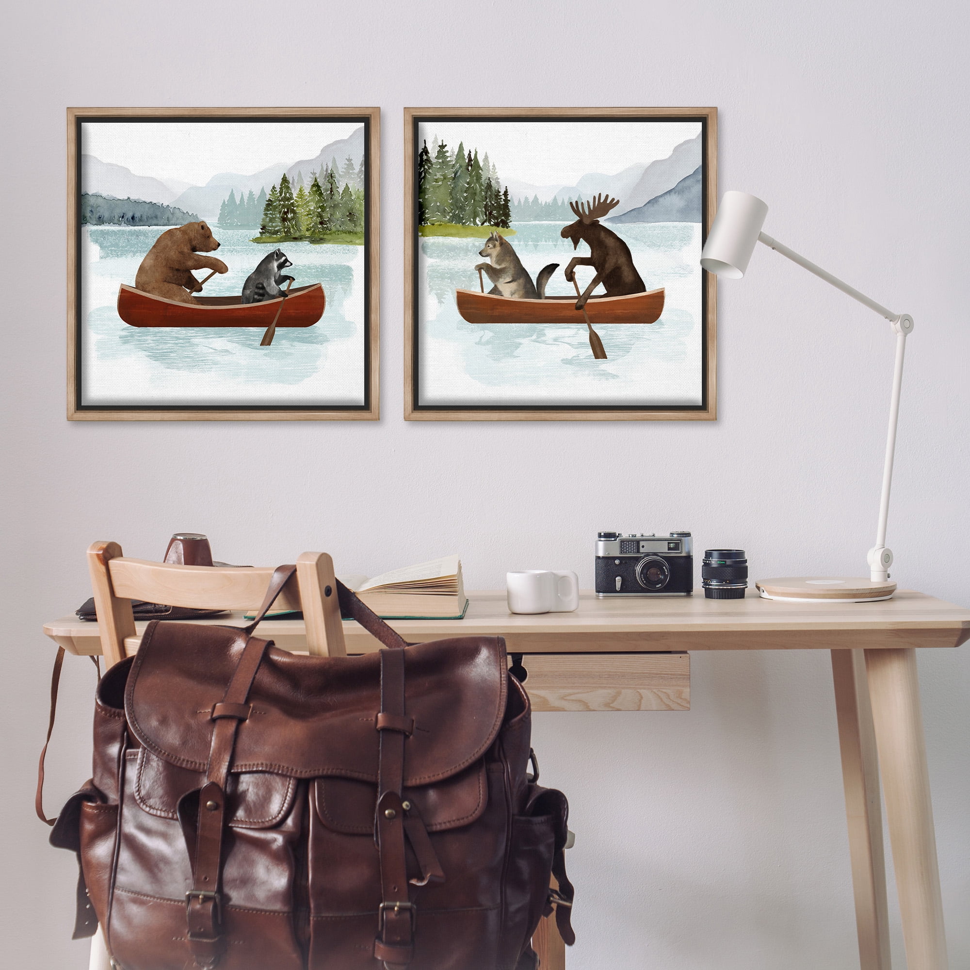 Stupell Industries Woodland Animals on Canoes Animals & Insects Painting Brown Floater Framed Canvas Art Print Wall Art, 25 x 25, Set of 2