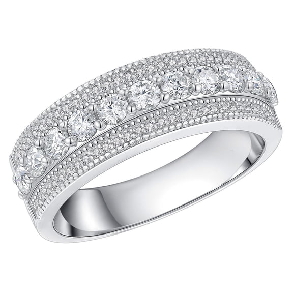 Siyoupin Womens Moissanite Wedding Band 1.5ct 71 Round Cut 3 Rows 18k White Gold Plated Sterling Silver Sparkling Elegant Eternity Engagement Ring Size 7