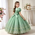 thumbnail image 5 of Girls Puff Sleeve Bow Ball Gown Dress Embroidered Mesh Floor Length Birthday Party Pageant Princess Dress (5-6 T, Mint Green), 5 of 6