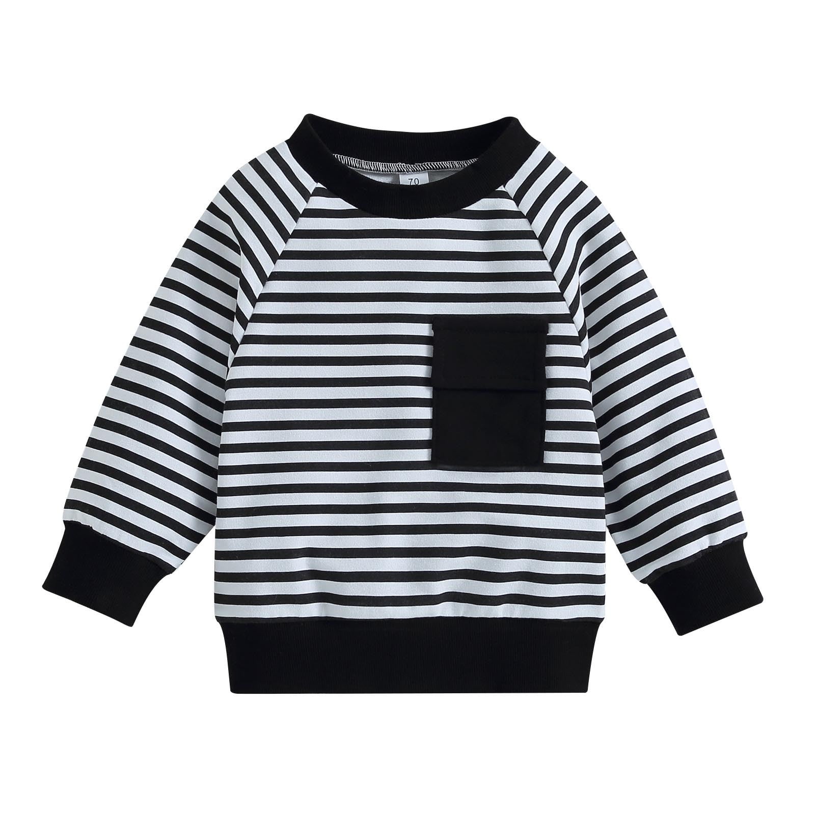 Swuxness Toddler Long Sleeve Sweatshirts, Toddler Fall Tops, Kids Striped Pocket Crew Neck Unhooded Sweatshirt for Boys and Girls Black, 18-24 Months