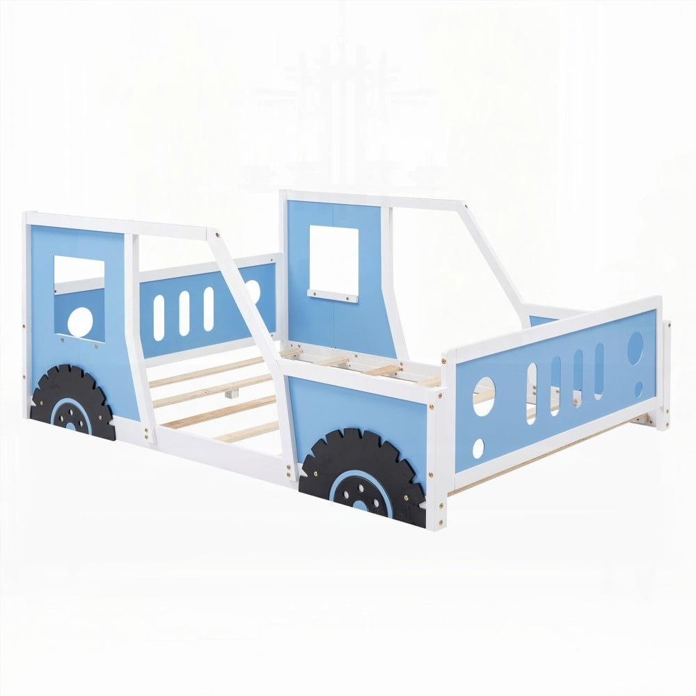 Classic Full Size Blue Car-Shaped Platform Bed on Wheels, Crafted with Pine Wood and MDF