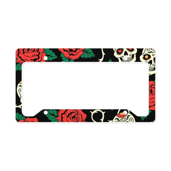 CafePress - Skulls And Roses License Plate Holder - Aluminum License Plate Frame, License Tag Holder