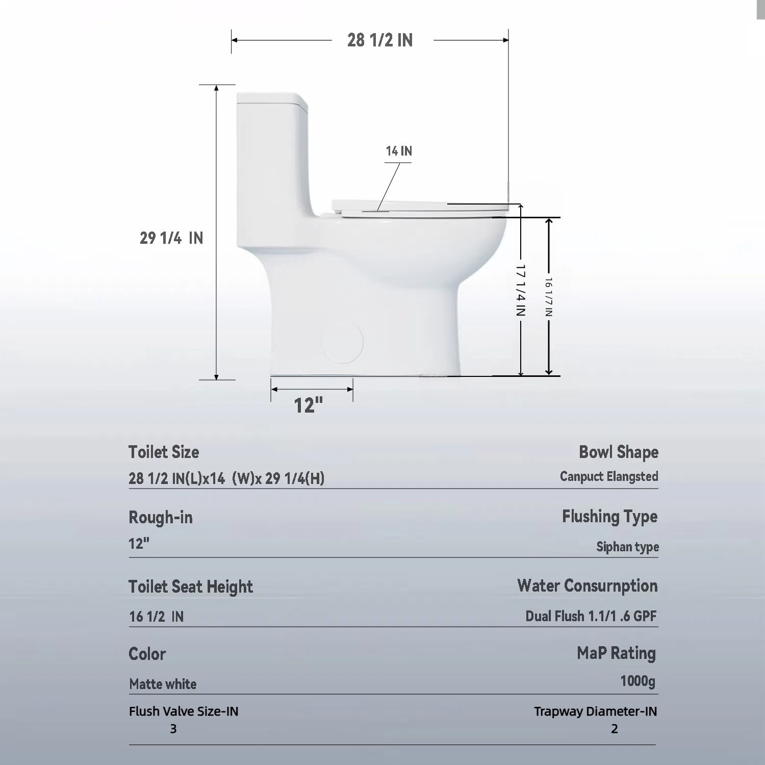 Alvantor One-Piece Toilet, Modern 1.1/1.6 GPF Dual Flush Toilet ADA Height 17" Rimless Bowl with Soft Closing Seat White