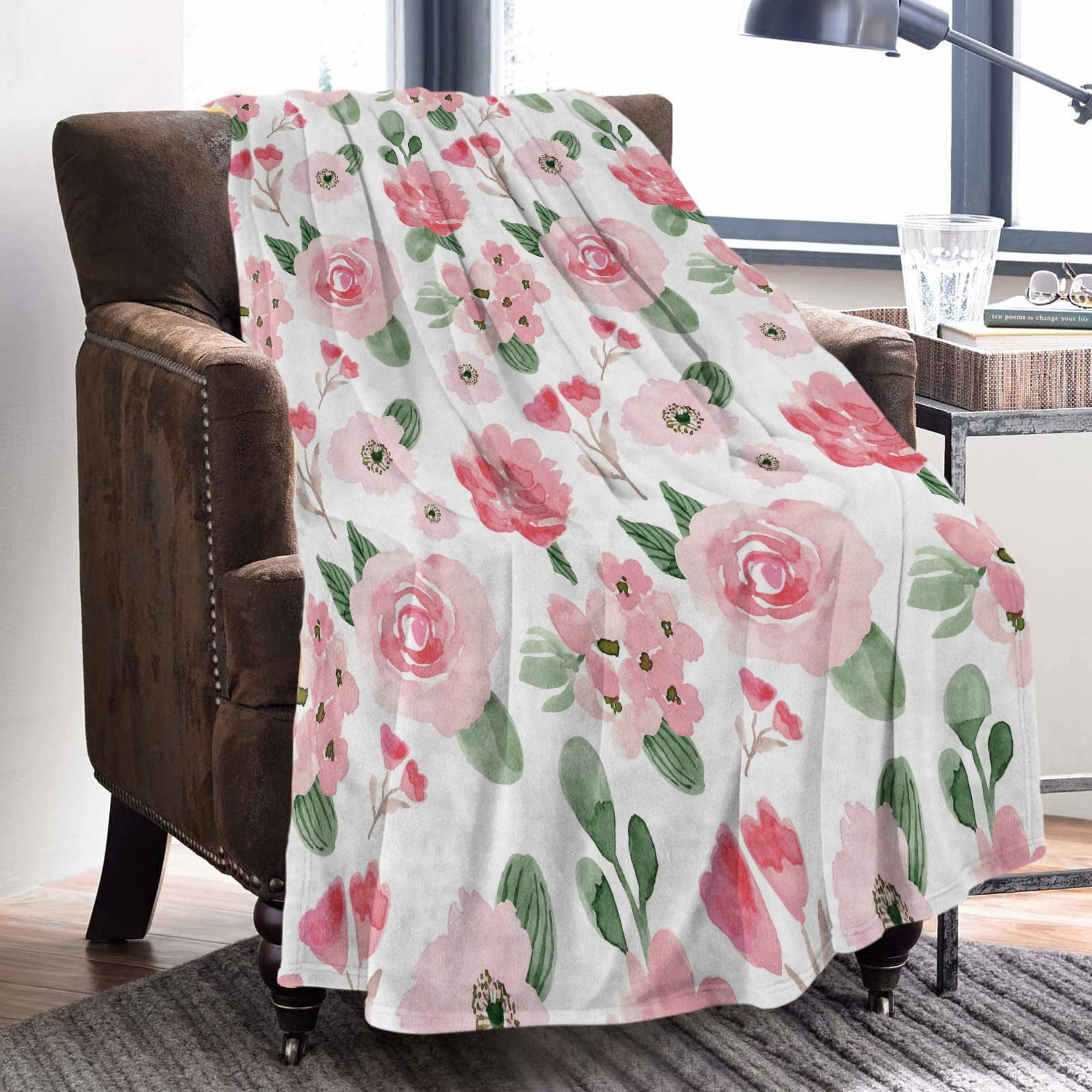 Floral Throw Blanket, Pink Rose Floral Throw Blanket, Soft Cozy Flannel Flower Blankets, Fluffy Fuzzy Rosebuds Wildflowers Print Blankets for Girls Women Gifts Home Sofa Couch Bed Decor,(40"x50")