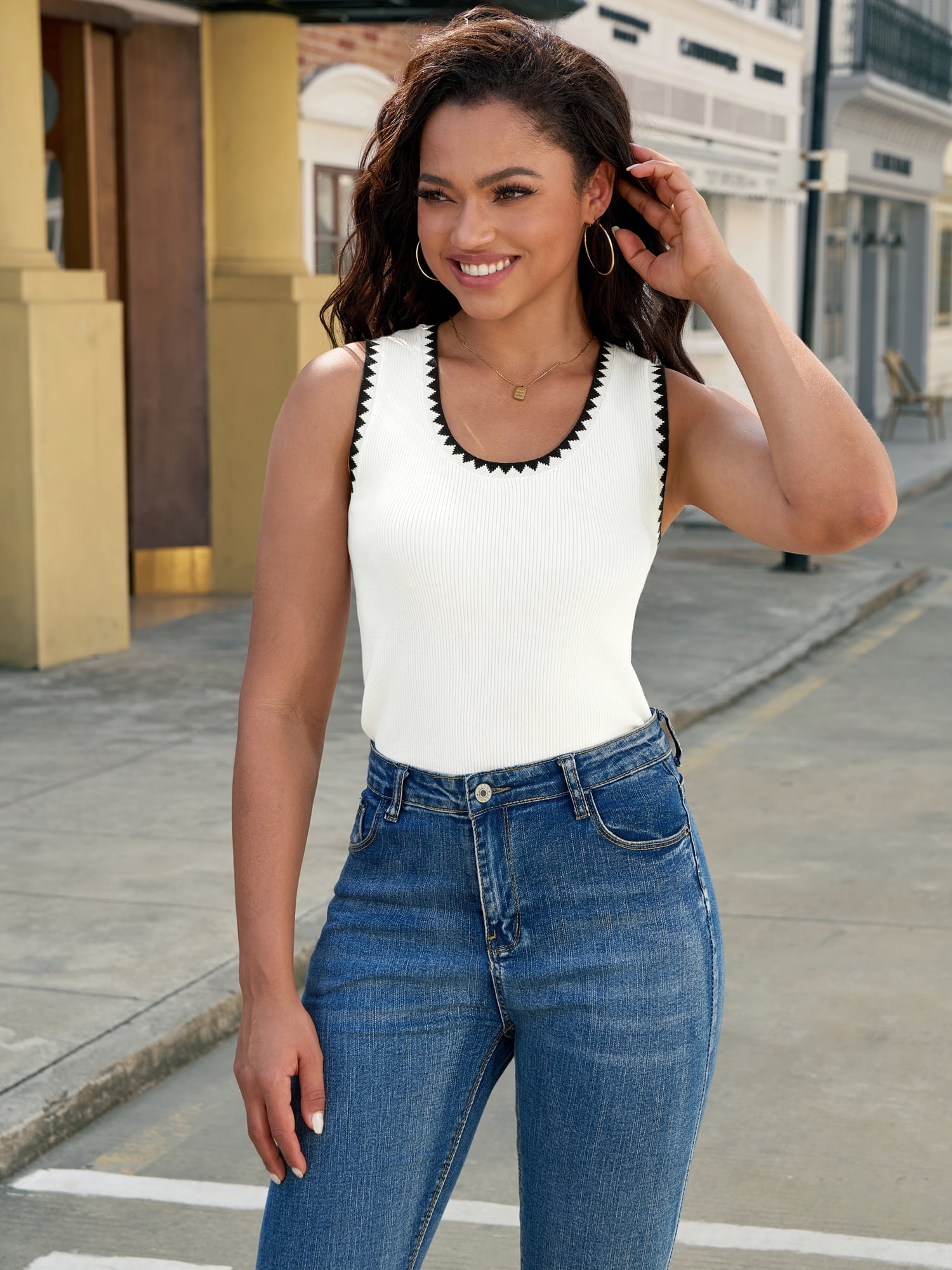 DARING DIVA Women's Tank Tops Scoop Neck Color Block L White Black