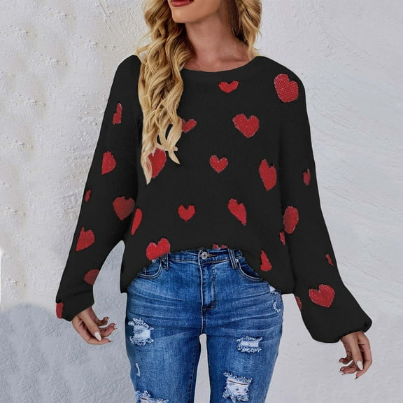 RYDCOT Womens Sweaters Clearance Cozy Sweaters for Women Fuzzy Heart Print Long Sleeve Round Neck Slouchy Sweaters for Women Sale