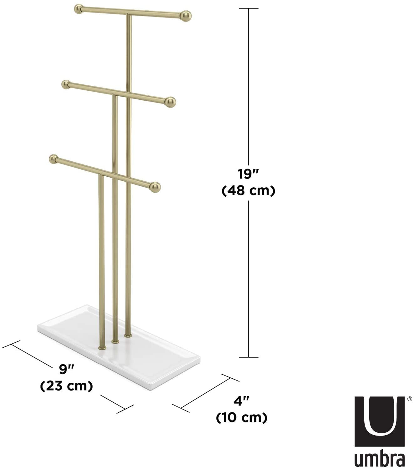 Brass/White 3 Umbra Trigem Hanging Jewelry Organizer Tiered Tabletop Countertop Free Standing Necklace Holder Display 