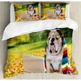thumbnail image 1 of English Bulldog King Size Duvet Cover Set, Dog in the Park with a Laptop and Rainbow Colored Scarf Funny Photography, Decorative 3 Piece Bedding Set with 2 Pillow Shams, Multicolor, by Ambesonne, 1 of 3
