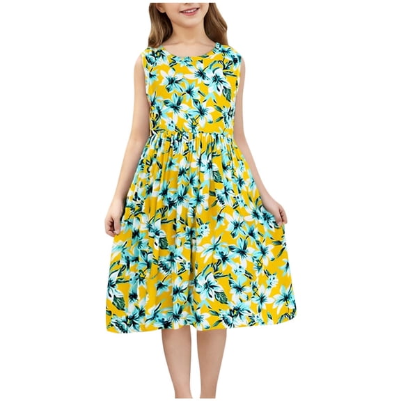 WRKEKC Dresses for Girls Flutter Sleeve Ombre Floral Print Pleated Fabric Waist Tie Swing Casual Summer Dress For Girls 3-10 Years