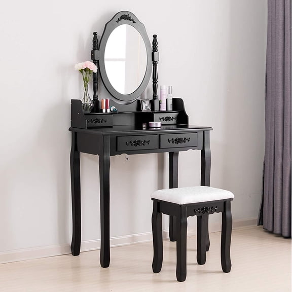 Vanity Table with Oval Mirror and Cushioned Stool, 4-Drawer Makeup Dressing Set for Bedroom