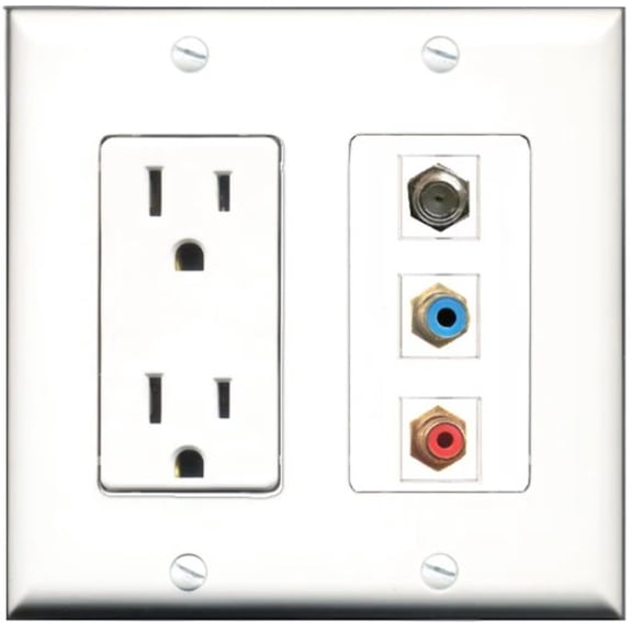 RiteAV - 15 Amp Power Outlet 1 Port RCA Red 1 Port RCA Blue 1 Port Coax Decorative Wall Plate