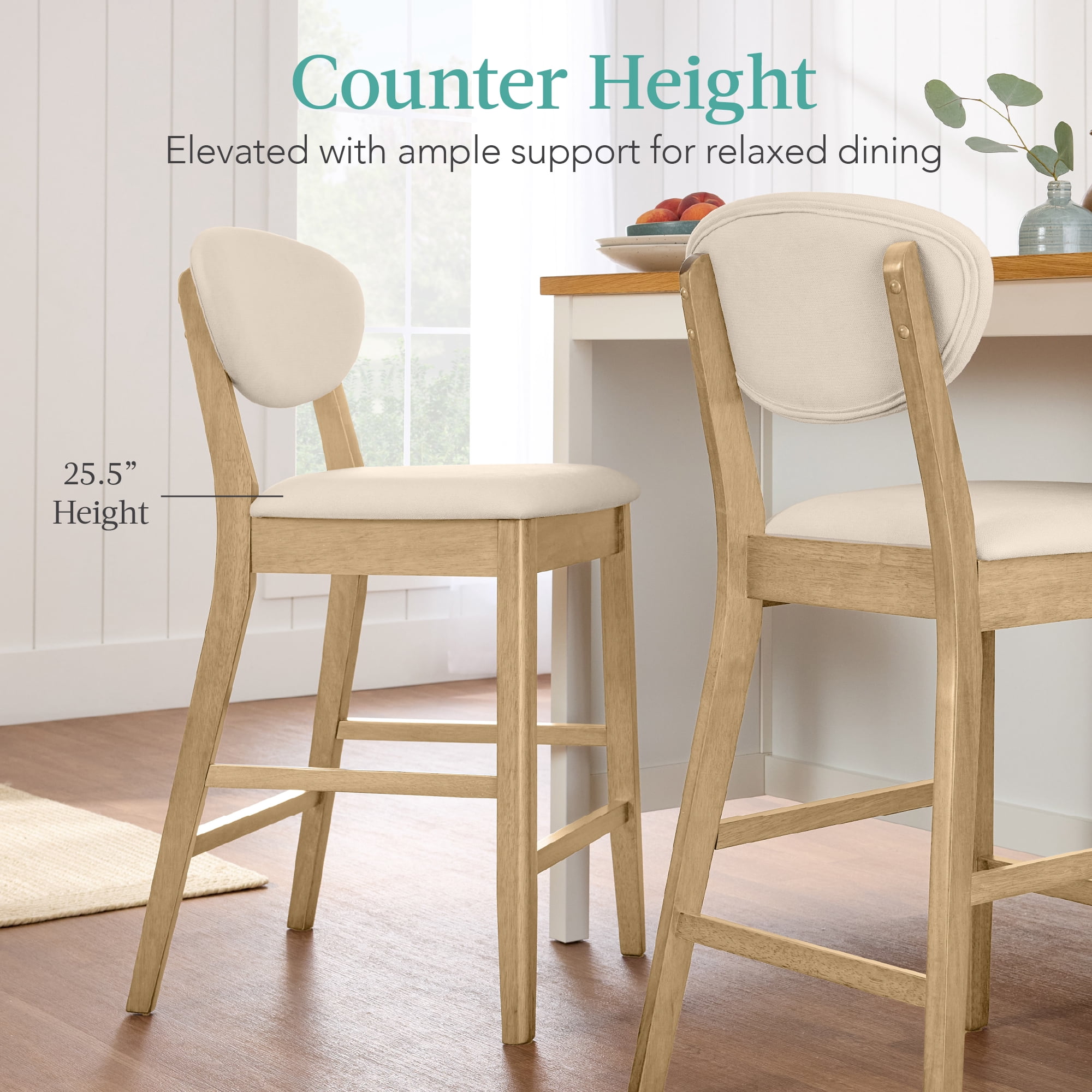 Best Choice Products Set of 2 Counter-Height Bar Stools, Armless W/Upholstered Seat Cushion & Backrest - Oak / Cream
