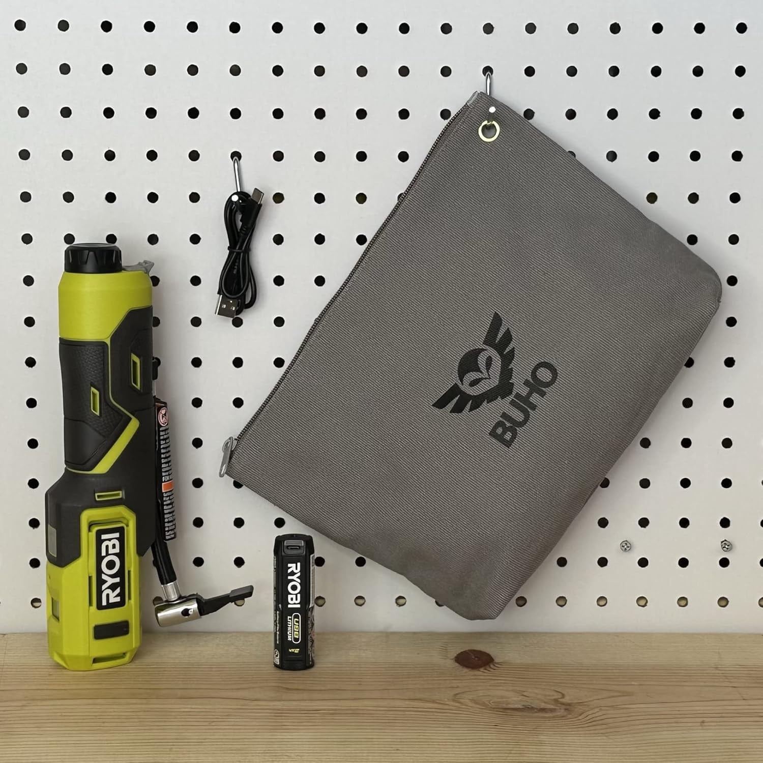 High Pressure Inflator Bundle with Ryobi Inflator, USB Lithium Battery and Buho Zipper Tool Pouch - Inflates Up To 100 PSI - Ideal for Bicycle Tires, Sports Balls, and Similar Products