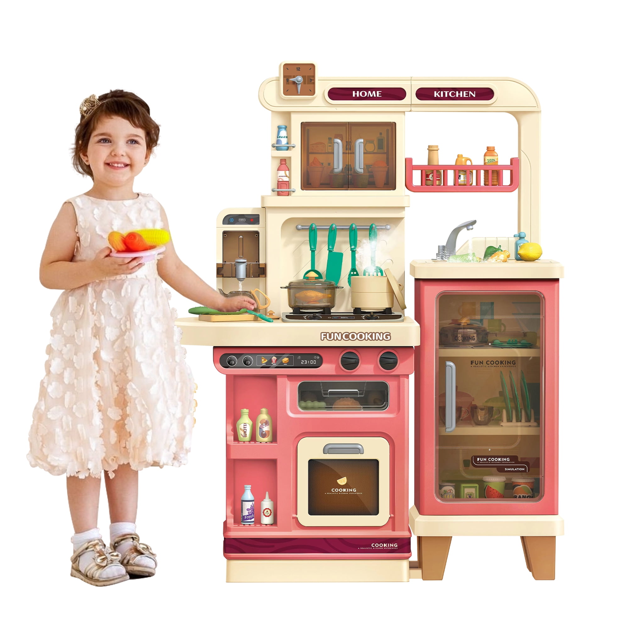 Lookfly 40.6 Inch Play Kitchen Set for Kids, Large Pretend Play Kitchen with Realistic Lights and Sounds, Simulation of Spray for Toddlers Girls Boys Gift ,Pink