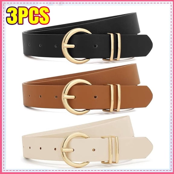 3 Pack Women Belts For Jeans Dresses Pants Ladies Leather Waist Belt with Gold Buckle