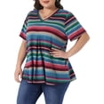 thumbnail image 2 of DARING DIVA Women's Plus V Neck Short Sleeve Multi Color Striped Blouse 1X Rainbow, 2 of 6
