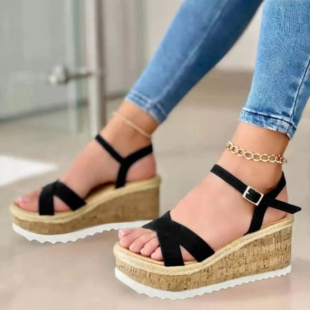 

HIBRO Ladies Fashion Summer Solid Color Cross Strap Open Toe Buckle Wedge Sandals