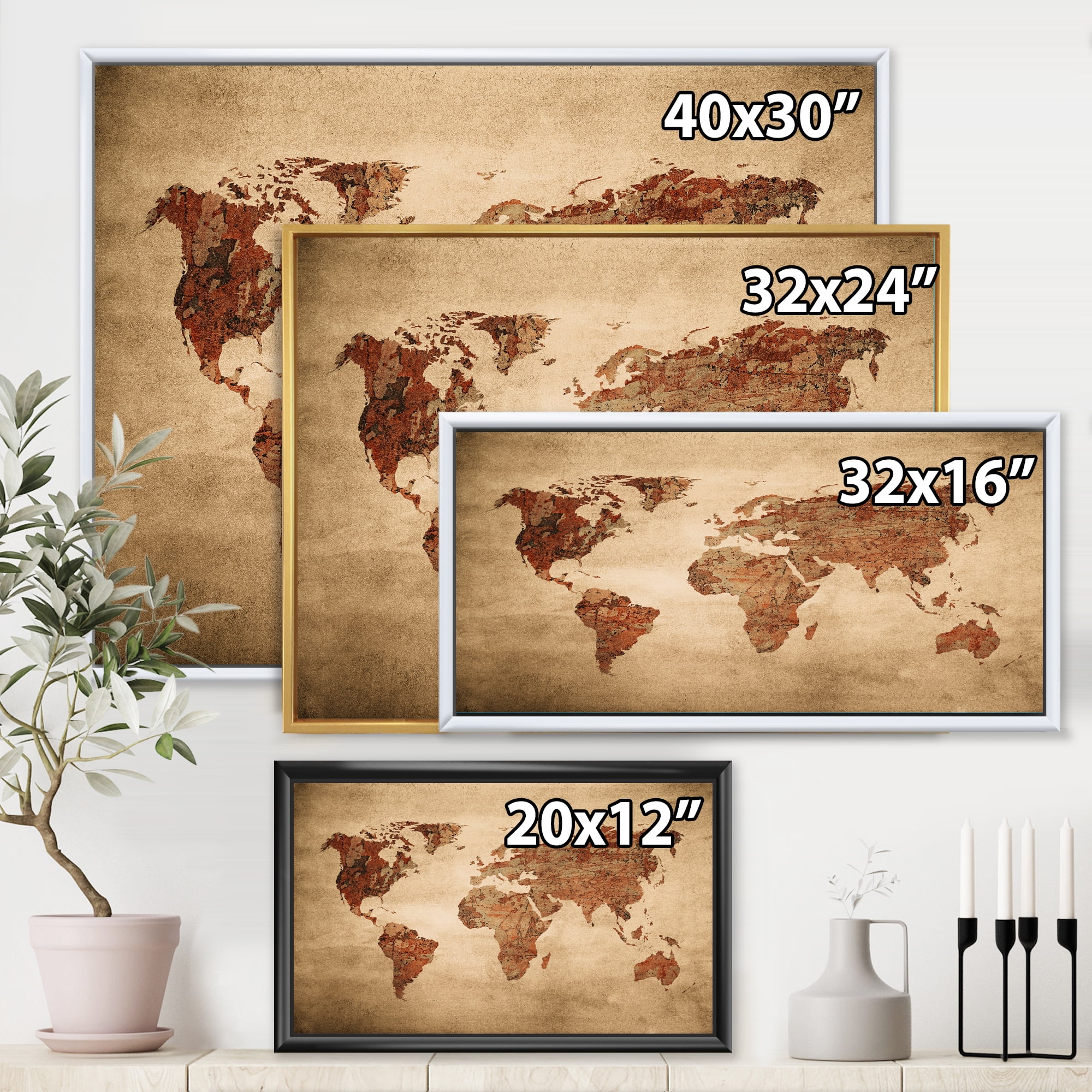 Designart 'Ancient World Map VII' Vintage Framed Canvas Wall Art Print