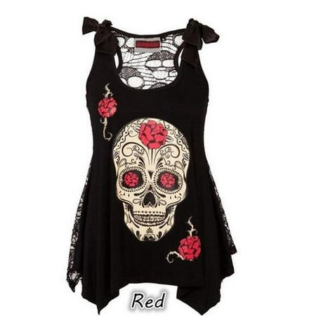 Lace Shift - Women's Fashion Tops Skull Print Loose Lace Patchwork Bandages Casual Sleeveless