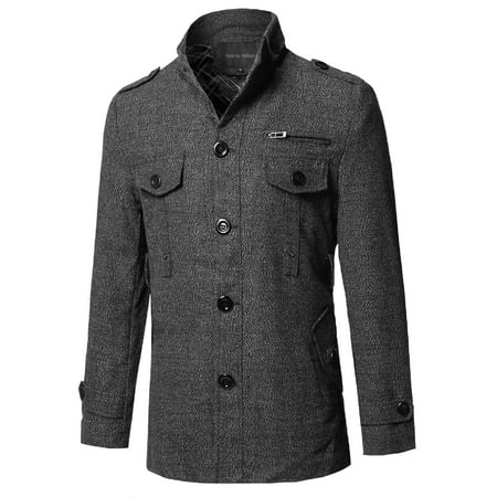 New York Tweed Jacket FashionOutfit Men's Classic Tweed Pattern Slanted Side Pockets Detachable Belt Coat ()