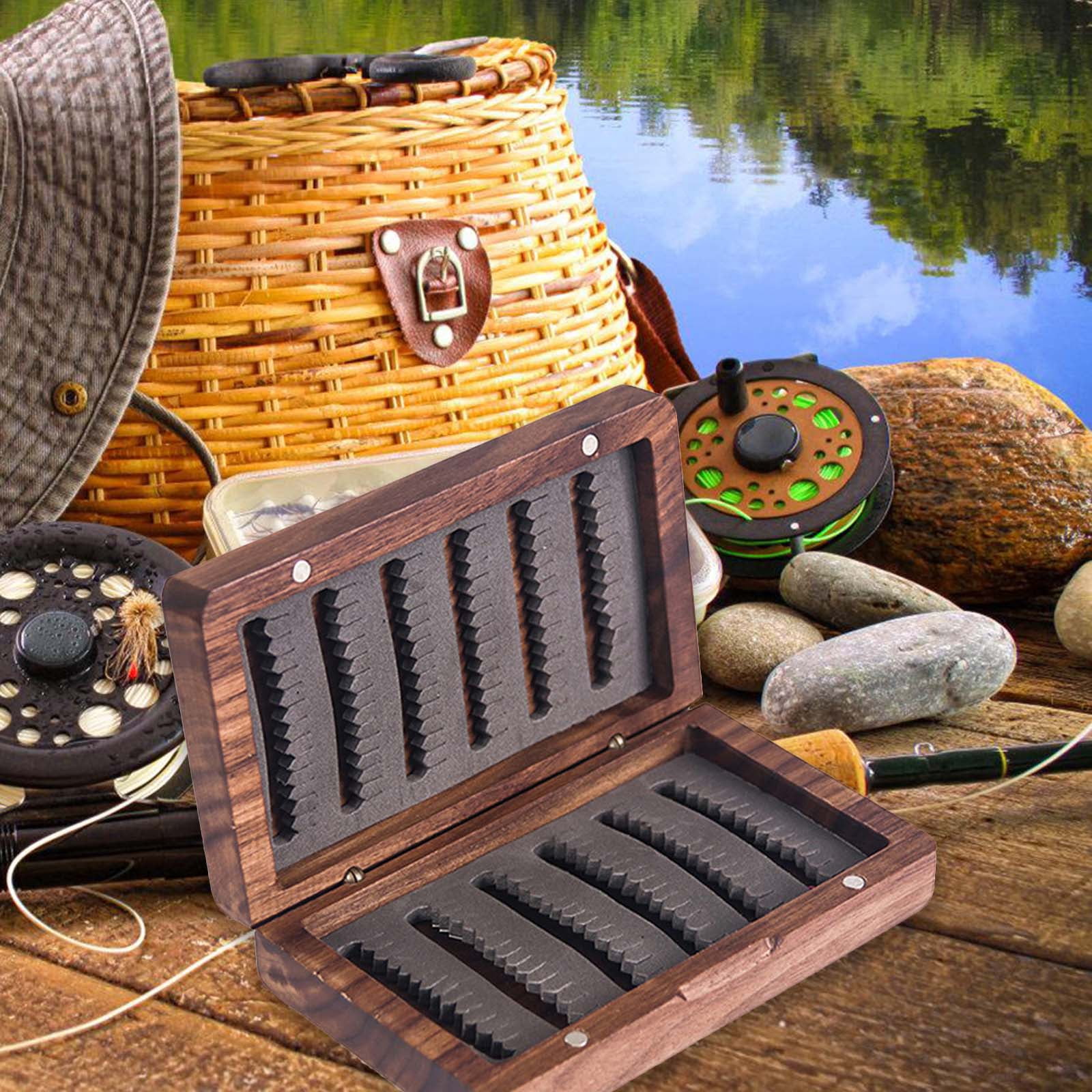 COOLHOOD Double Side Pockets Fly Fishing Box Containers Wood Fishing Tackle Box Fishing Tackle Hook Organizers Storage Case
