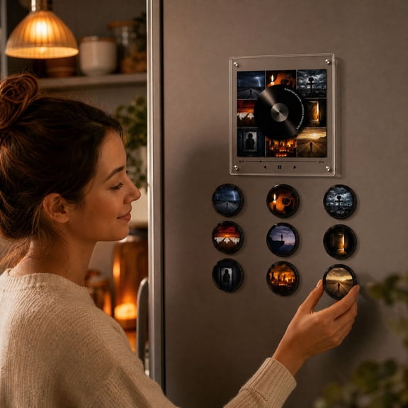 Fridge Magnet Music Player Set with 9 Vinyl Style Discs and USB C, Mini Vinyl Record Player-Inspired Magnetic Music Box with 9 NFC Discs and Phone-Free Playback,1 Set