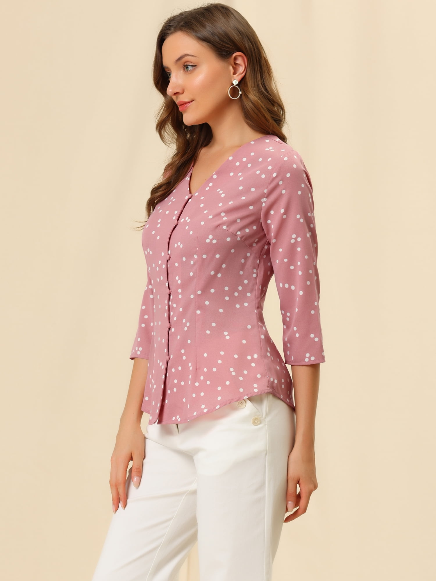 DARING DIVA Women's V Neck Polka Dots 3/4 Sleeve Casual Button Blouse XS Pink