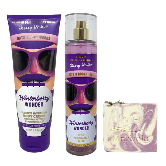 Bath & Body Works Winterberry Wonder Body Cream and Fragrance Mist Duo Set with a Lavender Dream Bar Soap - Full Size