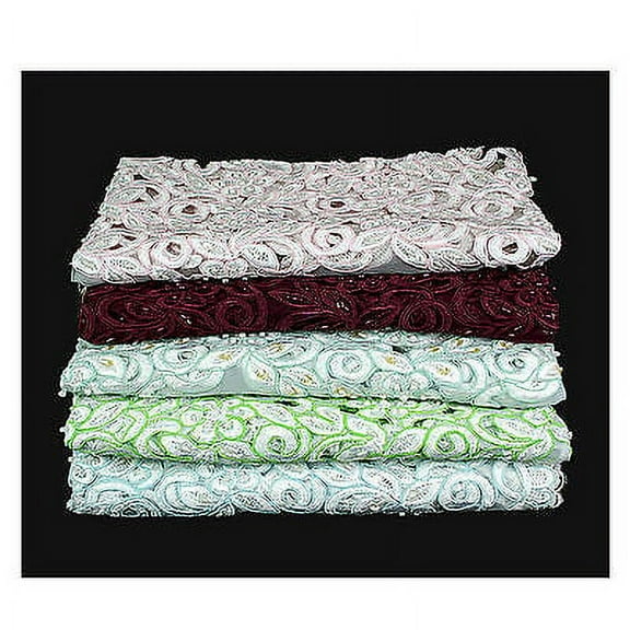 Lily White Blue Green Pink Burgundy Beaded Corded Embroidery Scalloped Fabric