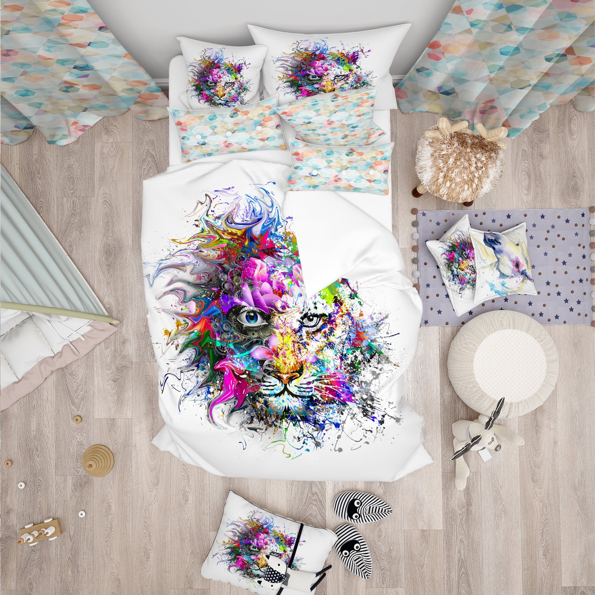 Designart 'Tiger Face in Colorful Splashes' Modern & Contemporary Duvet Cover Set
