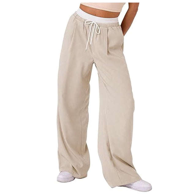 YFELWZ Women's Plus Size Color Contrast Draw Rope Casual Wide Leg Pocket Straight Leg Loose Wide Leg Pants Beige S