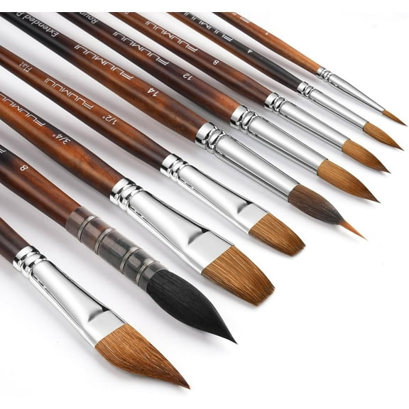 Watercolor Paint Brushes,9pcs Fuumuui Professional Sable Brushes & Natural Sable Mop Brush Set with Extended Needle,Round Point,Flat,Dagger,Quill Wash for Watercolor Gouache Inks