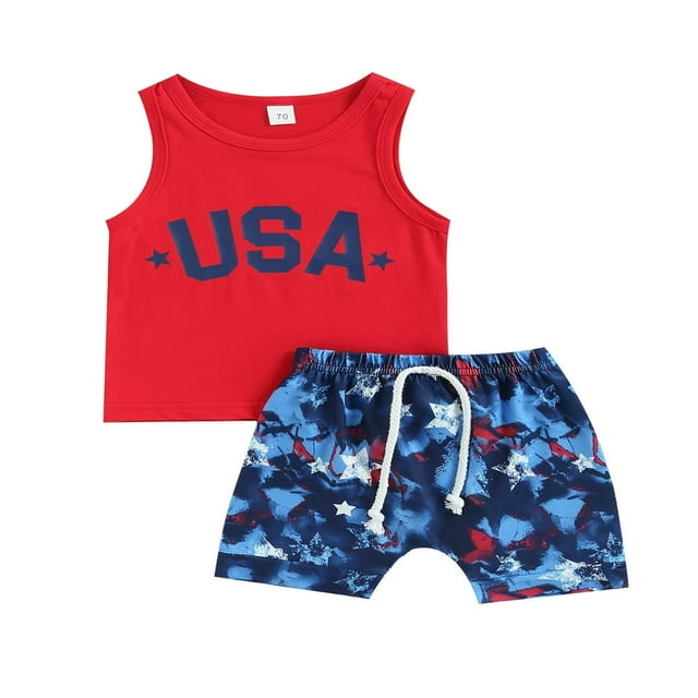 CNKOO Infant Toddler Baby Boys Independence Day Outfits Letters Print Tank Tops+Short Pants Summer 2Pcs Sets Red 18-24 Months