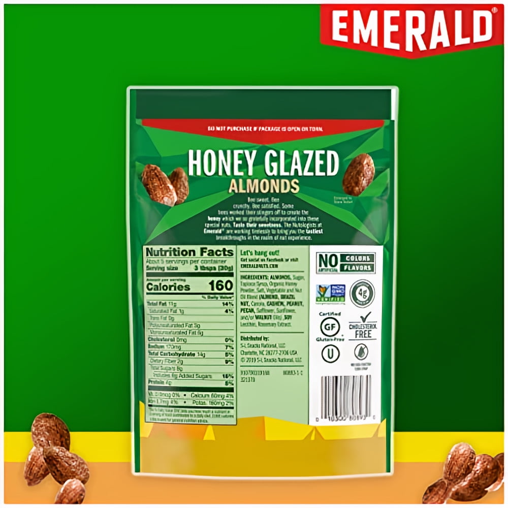 Emerald Honey Glazed Almonds Stand up Resealable Bag 5.5 Ounce (Pack of 5)
