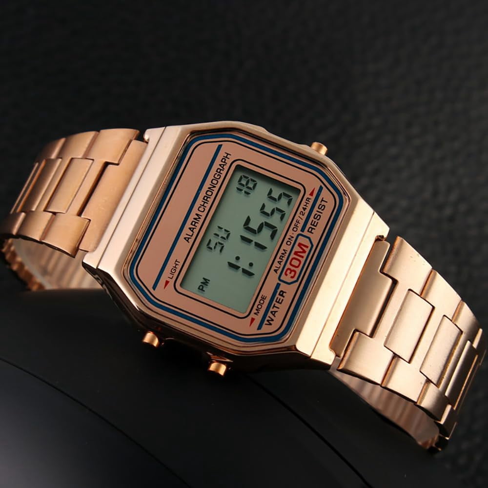 Classic Women's Digital Multifunction Sports Watch Stainless Steel Band Square Waterproof Electronic Led Watch