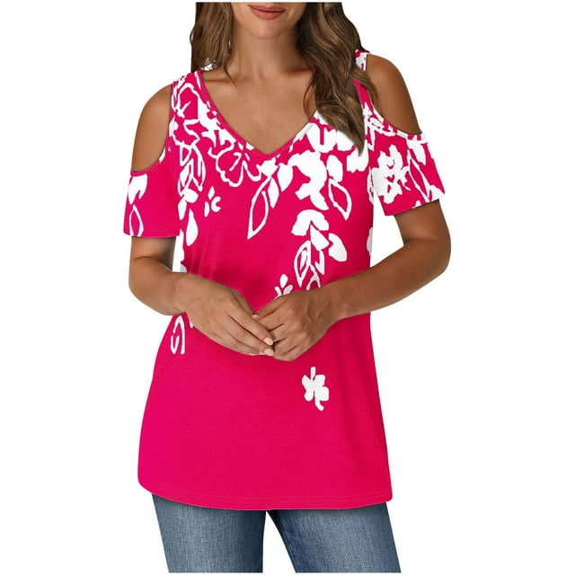 Tops de Algodón para las Mujeres Impresión de Manga Corta Cuello en V Fuera Del Hombro Blusa de Moda, Imitación de Algodón para el Hogar Diario