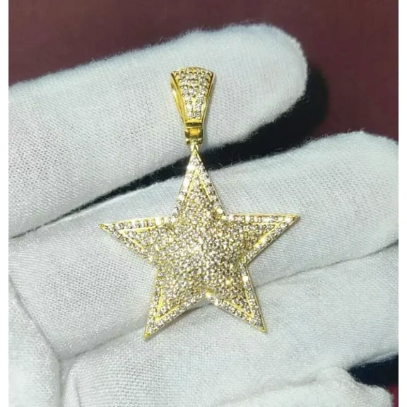 2.20Ct Round Natural Real Moissanite Star Shape Pendant 14K Yellow Gold Plated