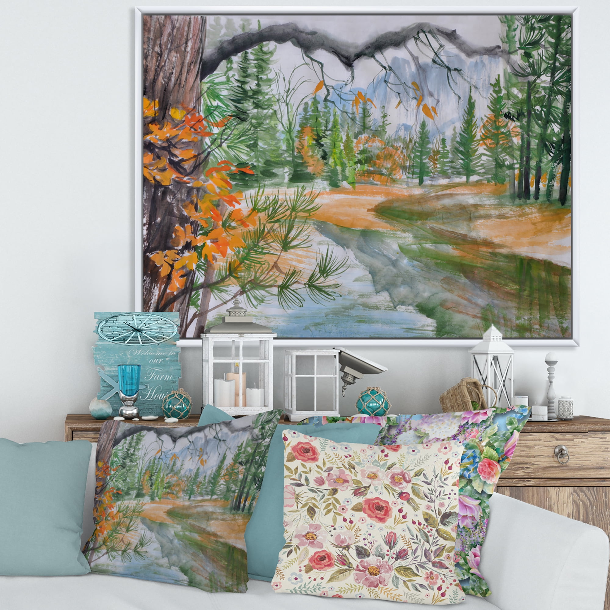 Designart 'Trees With River In Autumn Forest' Lake House Framed Canvas Wall Art Print