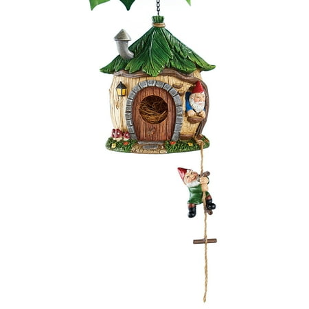 Hanging Decorative Birdhouse - Gnomes Home Hanging Birdhouse with Wood-Styled Finish, Includes Chain and Hook for Easy Hanging