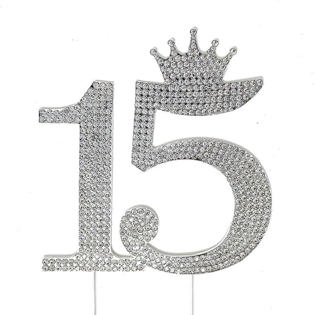 Decoración para tarta con corona de princesa de quinceañera, dulce fiesta de cumpleaños número 15 (plata)
