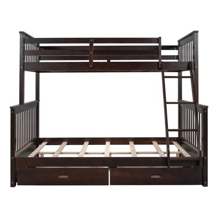 Solid Wood Twin Over Full Bunk Bed with Two Storage Drawer  Removable Ladder and Safety Guardrail for Kids  Teens  Adults  Convertible to 2 Separated beds (Espresso)