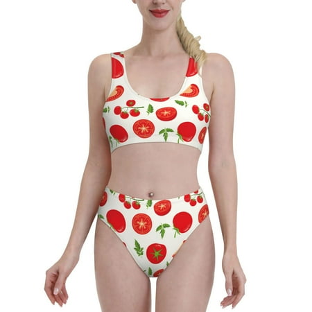 Bixox Fresh Red Tomato Pattern Two-Piece Sports Bikini with U-Shaped Top and High-Waist Bottom - Women s Swimwear with Removable Bra Pads