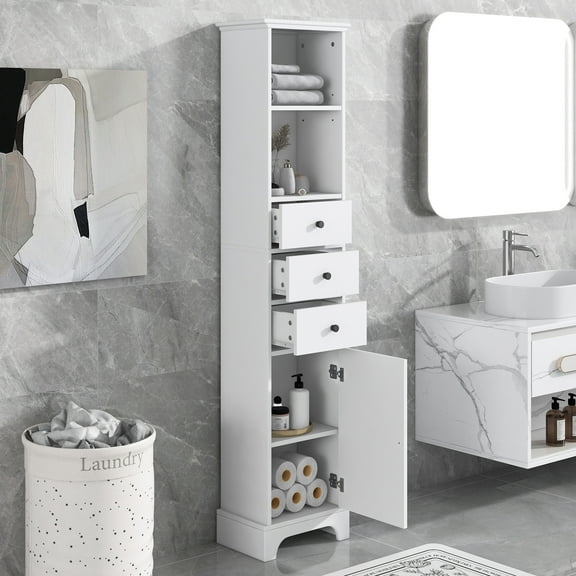 White Bathroom Cabinet with 3 Drawers and Adjustable Shelf