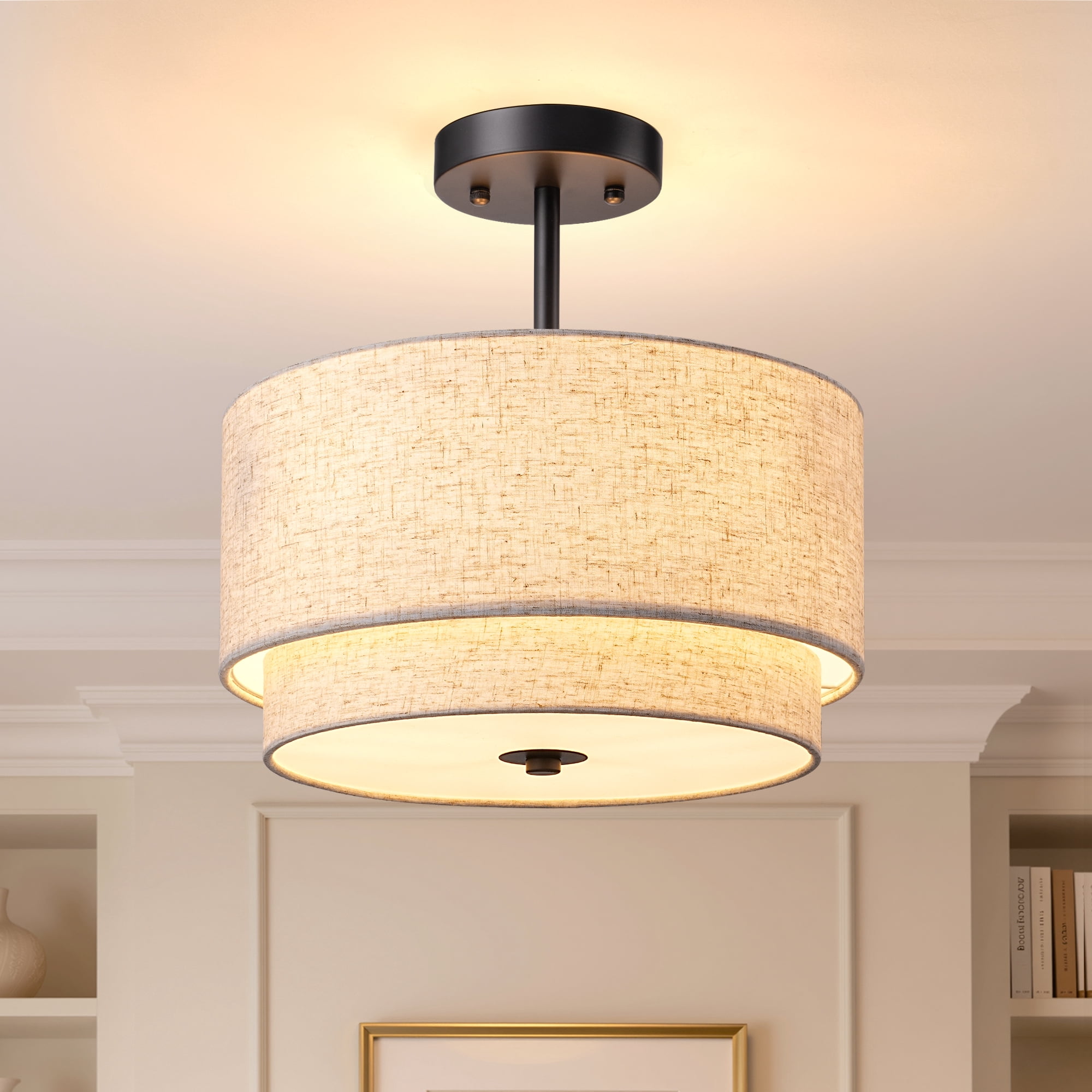 EDISHINE 12.6 Inch Semi Flush Mount Ceiling Light Fixture, Double Drum Shade, Modern Close to Ceiling Lamp,Black for Bedroom Hallway Dining Room Kitchen