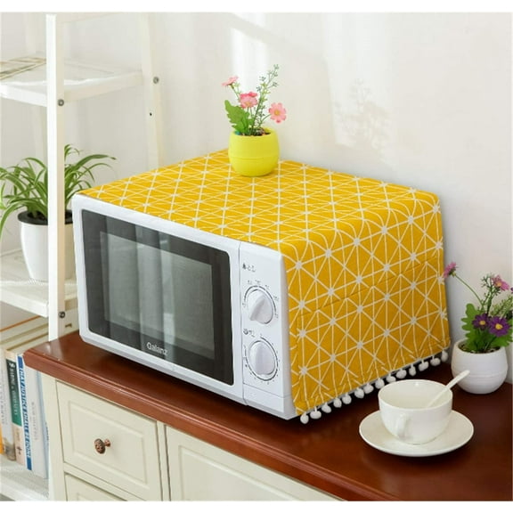 NOGIS Microwave Oven Cover Dustproof Top Cover Cotton Linen Toaster Cover Kitchen Appliance Protector Decorative Dust proof Cover with 4 Side Storage Pockets, 11.8" x 35.4" (Yellow)