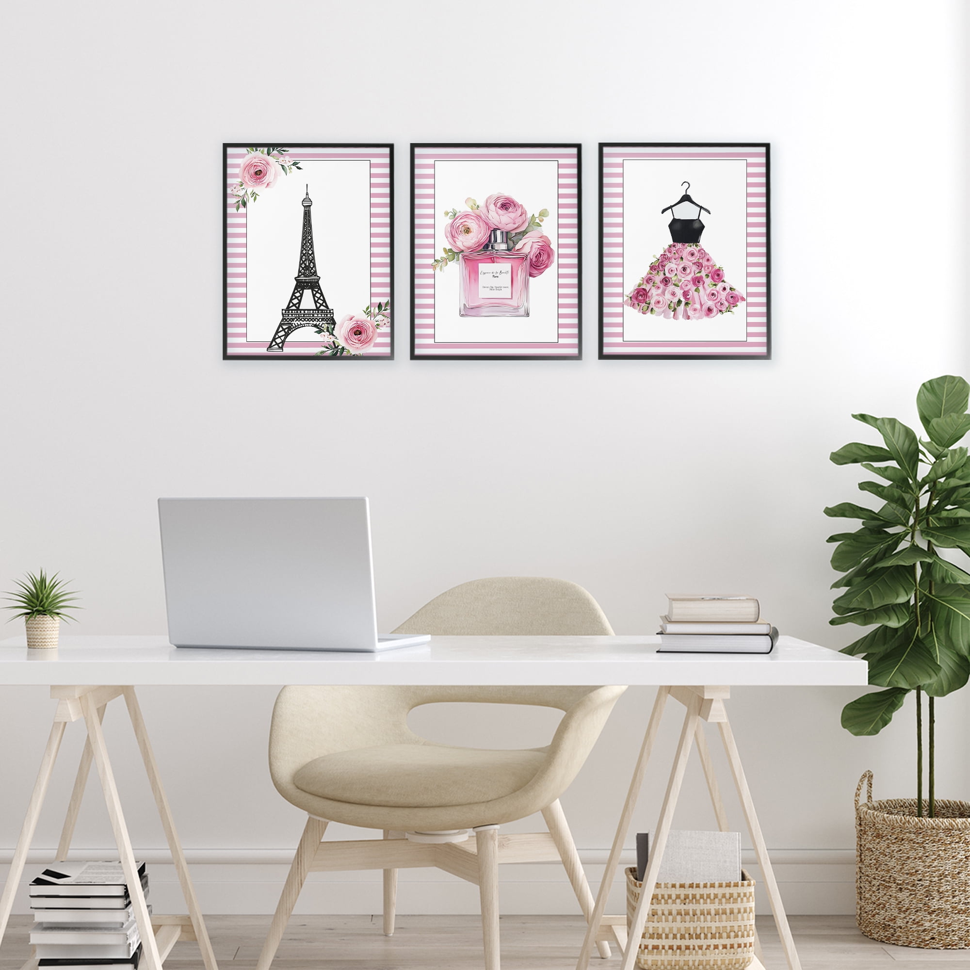 Parisian Glam with Stripes 3 Piece Black Framed Giclee Art Set, design by Christine Simpson Art