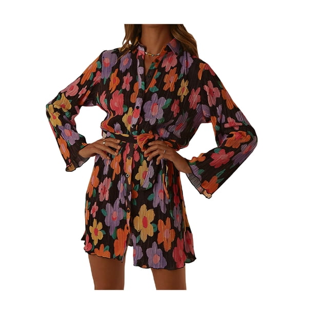 VISgogo Vestido de camisa con botones para mujer, mini vestido plisado de manga larga con cuello en V y cinturón VISgogo moda